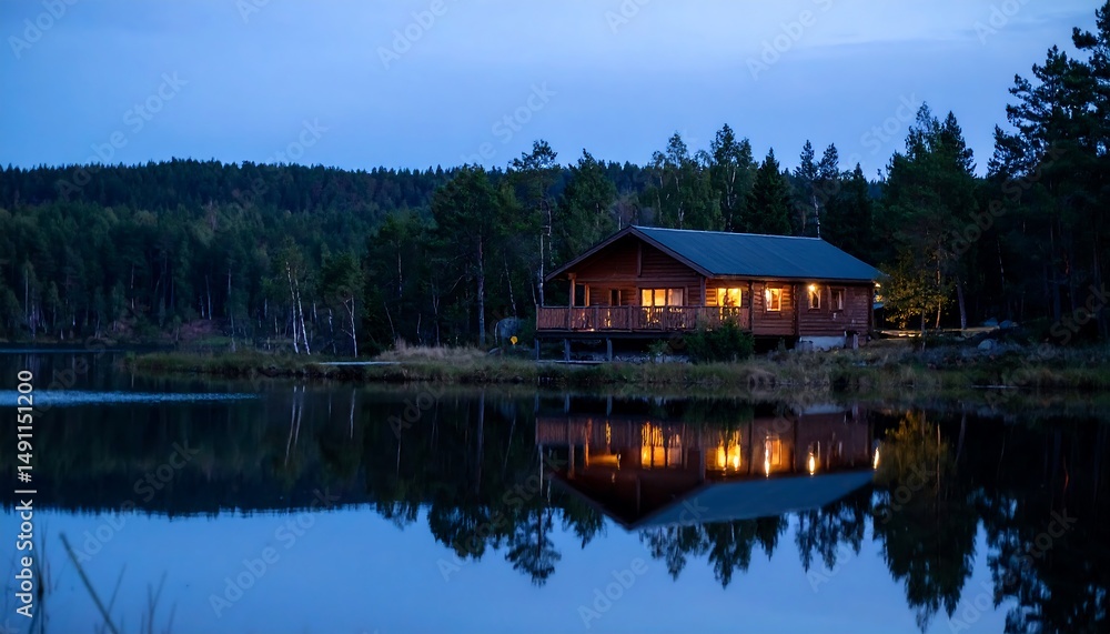 Fototapeta premium Lakeside cabin, dusk. Water reflects warm lights. Trees create a peaceful, rustic scenery