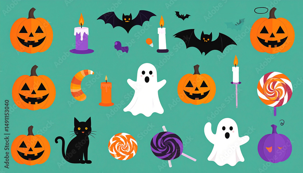 Fototapeta premium A teal background displays a collection of cheerful Halloween icons including jack-o'-lanterns, ghosts, bats, candles, candy, and a black cat