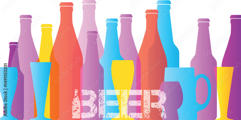 Fototapeta premium Oktoberfest, party poster, beer bottle and glasses set. Pub banner, bar menu, lager beer, craft, dark beer, booze