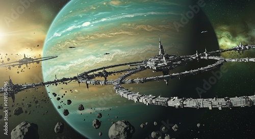 Fototapeta Naklejka Na Ścianę i Meble -  Orbital space station circling planetary body in distant cosmos