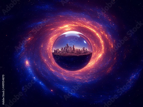 A vivid cosmic scene captures a city protected within a black hole, surrounded by swirling galaxies and colorful cosmic dust. The backdrop reveals the mystery of the universe.
