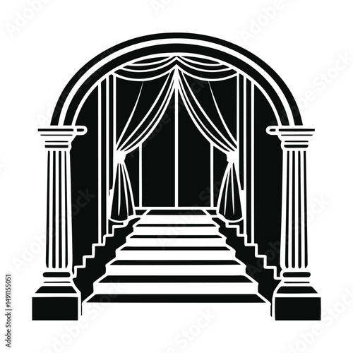 Black and White Dramatic Stage with Classical Columns and Archway