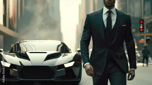 Billionaire Lifestyle: Man in Suit Walks Past Sleek Black Supercar in City. Luxury, Power, Success & High-End Automotive Design. 4K Video Footage