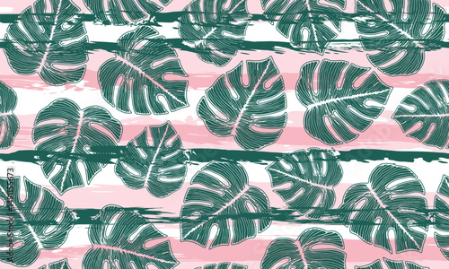 Philodendron exotic foliage floral repeat pattern over stripes background. Cute fabric sample vector design. Hawaiian monstera leaves. Exotic backdrop.