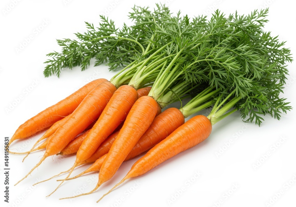 Bunch of fresh carrots with green tops isolated on a white background Bunch of fresh carrots with green tops isolated on a white background