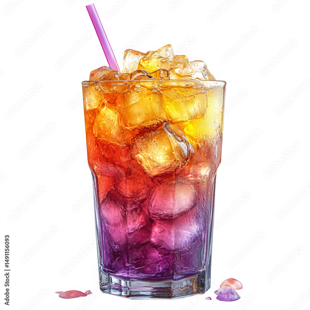 Refreshing summer cocktail long island iced tea recipe with ice and straw on transparent background Refreshing summer cocktail long island iced tea recipe with ice and straw on transparent background