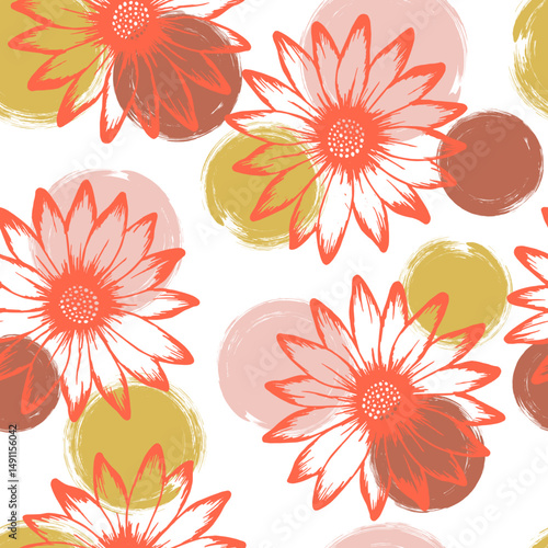 African daisy rustic summer repeat pattern. Rudbeckia daisy bloom over circle...