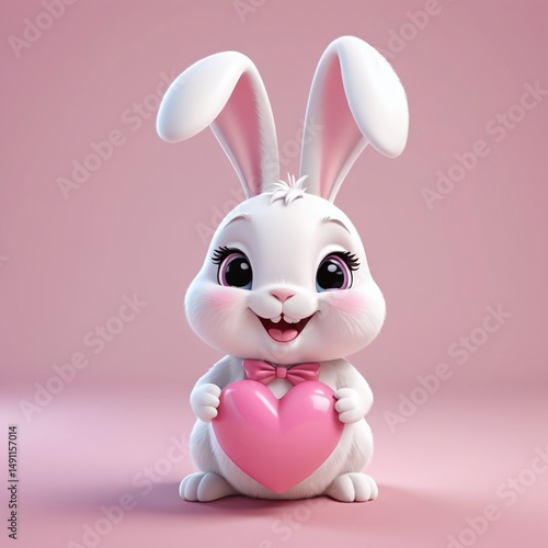 Adorable smiling rabbit with pink heart cute kawaii character 3d icon realistic vector illustration. Funny positive bunny with long ears and symbol of love Easter birthday greeting figurine isolated