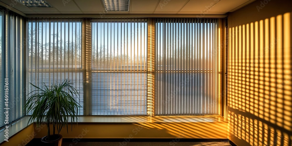 Obraz premium Large office window with horizontal blinds casting striped shadows, outdoor greenery and blue sky visible.