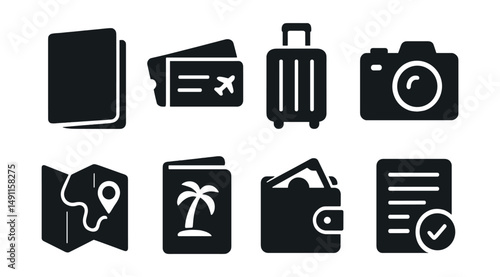 Solid style icons of travel exploration essentials: passport, boarding pass, luggage, camera, map, travel guidebook, wallet, itinerary.