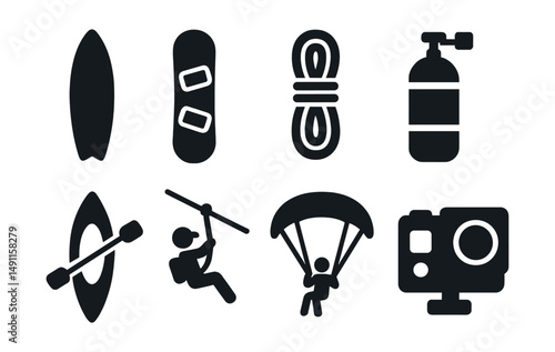 Solid style icons of adventure sports travel: surfboard, snowboard, climbing rope, dive tank, kayak, zipline, paragliding icon, action camera.
