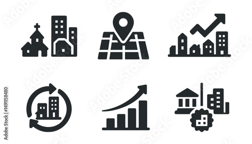 Solid style icons of urban evolution phases: old vs new, planned district icon, timeline marker, expansion arrow, rebuild cycle, growth forecast, redevelopment badge, historic vs modern.
