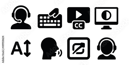Solid style icons of accessibility in virtual offices: screen reader icon, keyboard nav, subtitles on, high contrast mode, font scale, voice command, reduced motion, assistive avatar.