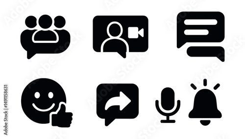 Solid style icons of team communication tools: group chat, video call icon, message thread, channel list, reaction emoji, quick reply icon, voice memo, ping alert.