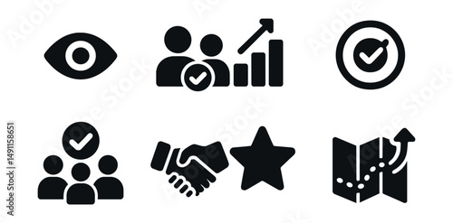 Solid style icons of trust and transparency: visibility icon, shared goals, progress graph, alignment tracker, team agreement, honesty pledge, commitment star, open roadmap.