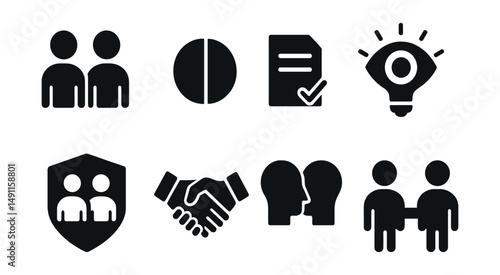 Solid style icons of cofounder dynamics: founder duo, equity share, partnership agreement, aligned vision icon, co-lead badge, trust handshake, skill match, role alignment.