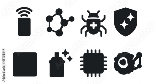 Solid style icons of nanotechnology: nanosensor, smart molecule, nano-robot, medical nanobot, nano-fabric icon, invisible coating, atomic-scale chip, cell-level repair.