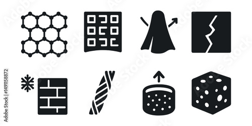 Solid style icons of breakthrough materials: graphene sheet, meta-material, light-bending cloak, self-healing surface, temperature-adaptive wall, ultra-strong fiber, smart gel, carbon foam.