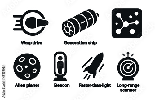 Solid style icons of interstellar travel: warp drive icon, generation ship, cryo chamber, interstellar map, alien planet, deep space beacon, faster-than-light concept, long-range scanner.