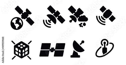 Solid style icons of rocket systems: multi-stage rocket, booster, fuel nozzle, rocket fins, guidance system, payload bay, ignition button, launch countdown.
