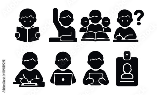 Solid style icons of students and learning: child reading, raising hand, group study, answering question, writing on paper, typing on laptop, student with tablet, school ID badge.