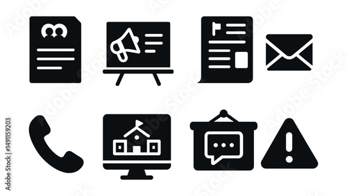 Solid style icons of school communication: parent letter, class announcement, school newsletter, email icon, phone call, school website, message board, emergency alert.