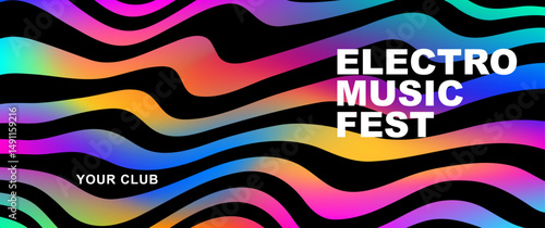 Music poster design vector background. Abstract cover template with gradient and black wave line. Ideal Electro Sound design for party, music festival, club, flyer, cards, social media, banner, ads.