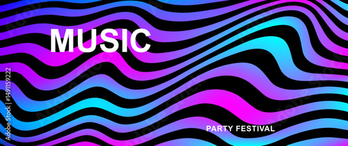 Music poster design vector background. Abstract cover template with gradient and black wave line. Ideal Electro Sound design for party, music festival, club, flyer, cards, social media, banner, ads.