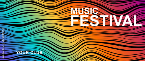 Music poster design vector background. Abstract cover template with gradient and black wave line. Ideal Electro Sound design for party, music festival, club, flyer, cards, social media, banner, ads.