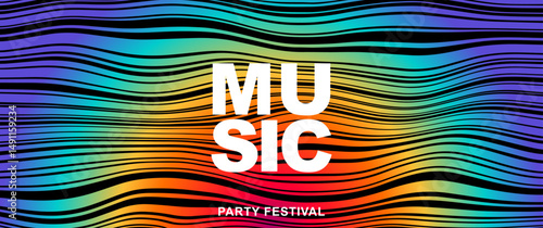 Music poster design vector background. Abstract cover template with gradient and black wave line. Ideal Electro Sound design for party, music festival, club, flyer, cards, social media, banner, ads.