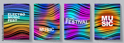 Set of music poster design background vector. Abstract cover template with gradient and black wave line. Electro Sound design for party, music festival, club, flyer, cards, social media, banner, ads.