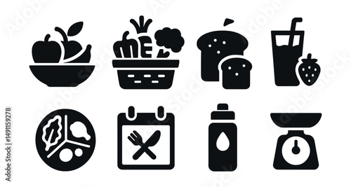 Solid style icons of healthy nutrition: fruit bowl, vegetable basket, whole grain bread, smoothie glass, balanced plate, meal planner, hydration bottle, portion scale.