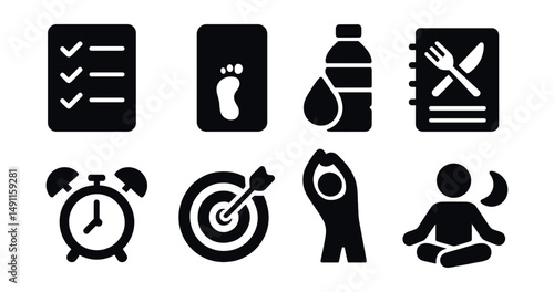 Solid style icons of healthy routines: daily checklist, step counter, hydration icon, meal log, bedtime alarm, goal tracker, morning stretch, evening wind-down.