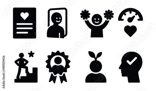Solid style icons of self-esteem building: self-affirmation card, mirror smile, inner cheerleader, self-worth meter, confidence steps, proud badge, personal growth icon, belief icon.