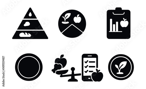 Solid style icons of balanced nutrition: food pyramid, plate portions, macronutrient icon, nutrient chart, colorful meal, balance scale with food, diet tracker, healthy choice badge.