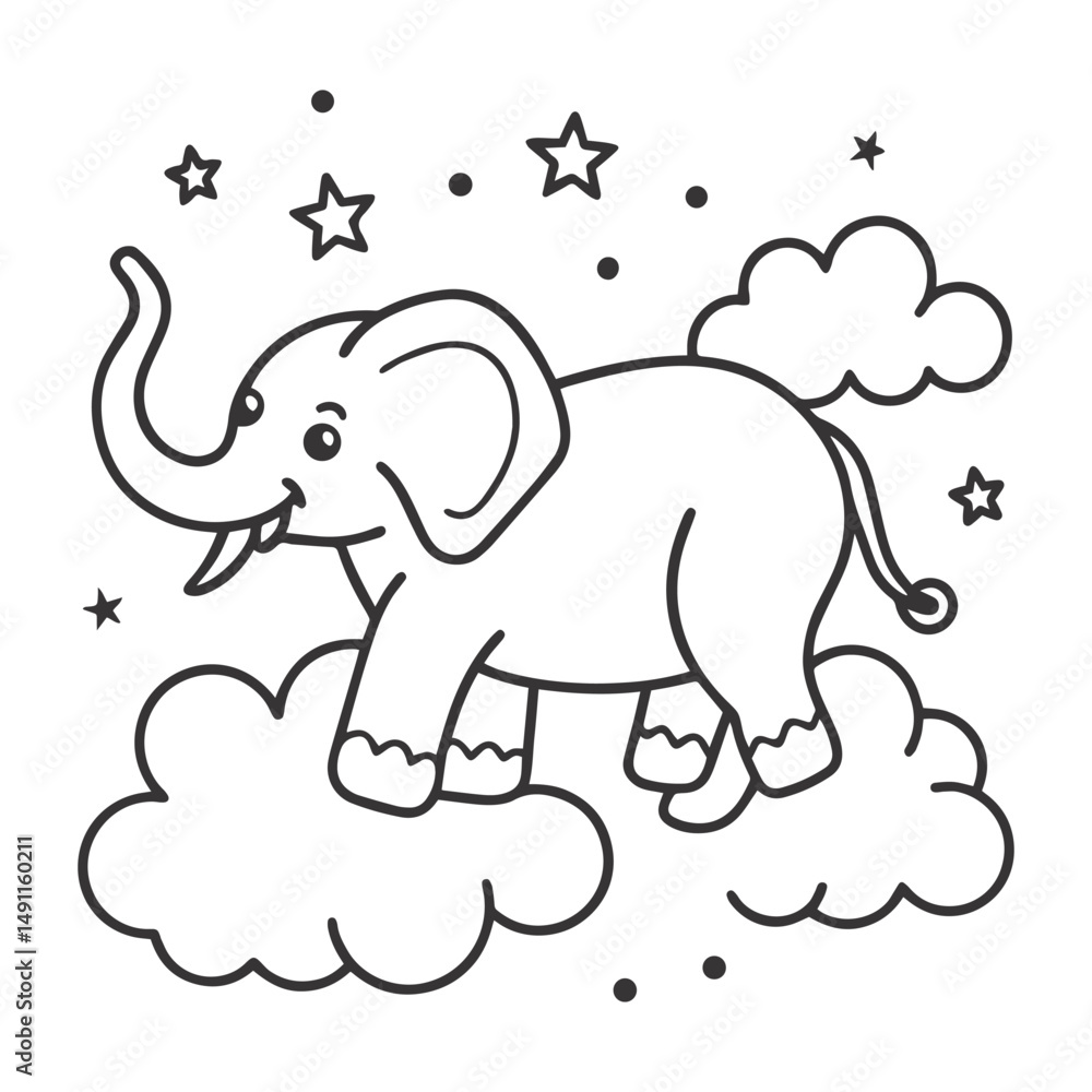 Fototapeta premium Whimsical Cartoon Elephant Sitting on Clouds – Minimalist Black & White Outline