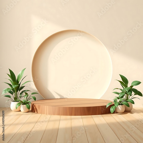 Empty wooden podium with plants perfect for product display