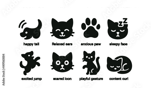 Solid style icons of pet emotions: happy tail, relaxed ears, anxious paw, sleepy face, excited jump, scared icon, playful gesture, content curl.