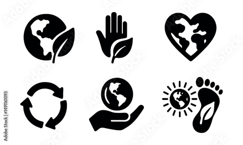 Solid style icons of ecological awareness: planet with leaf, eco hand icon, ecology heart, awareness ribbon, sustainability symbol, care for Earth, climate awareness badge, eco footprint.