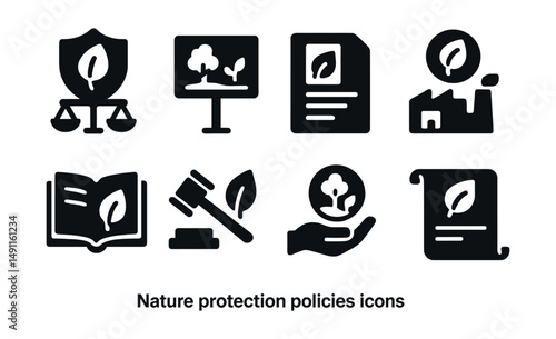 Solid style icons of nature protection policies: eco law badge, protected land sign, sustainability regulation icon, emissions policy, eco zone rulebook, conservation law icon, nature rights icon,