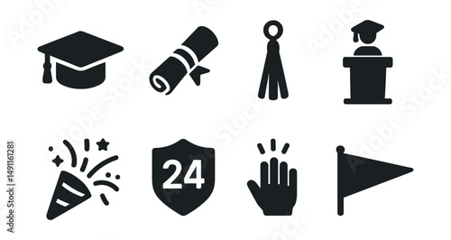 Solid style icons of graduation events: graduation cap, diploma scroll, tassel icon, stage podium, confetti burst, grad year badge, celebration hand, school banner.