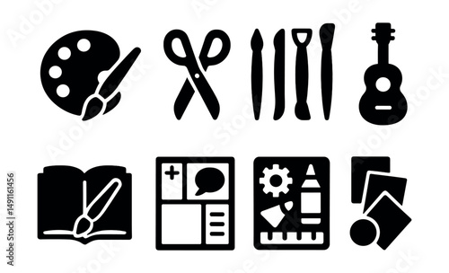 Solid style icons of creative vacation time: painting set, craft scissors, clay tools, musical instrument, book writing icon, comic sketch, DIY kit, collage materials.