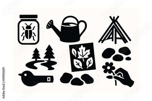 Solid style icons of nature-based play: bug jar, garden watering can, nature trail, stick fort, leaf collage, rock collection, bird call whistle, flower picking.