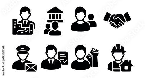Solid style icons of public service roles: city planner, government official icon, social worker, diplomat handshake, postal worker, policy advisor, community organizer, housing inspector.