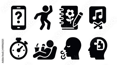 Solid style icons of casual daily fun: mobile trivia, dance break, doodling pad, random playlist, 5-minute game, snack and rest, breathing game, brain teaser.