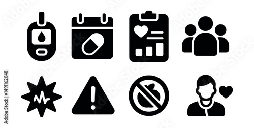 Solid style icons of chronic illness management: glucose meter, medication schedule, blood pressure log, support group icon, flare tracker, health alert icon, diet restriction badge, health coach.