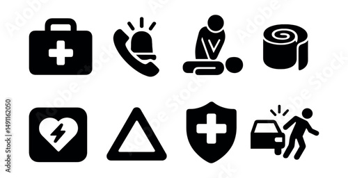 Solid style icons of emergency and first aid: first aid kit, emergency call, CPR icon, bandage roll, AED device, safety triangle, rescue cross, accident icon.