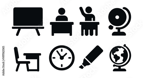 Solid style icons of classroom learning: blackboard, teacher at desk, student raising hand, school bell, desk and chair, classroom clock, whiteboard marker, globe stand.
