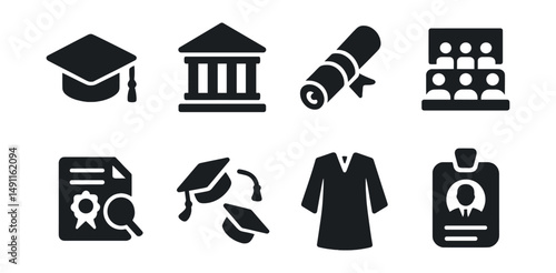 Solid style icons of higher education: graduation cap, college building, diploma scroll, university lecture hall, research file, cap toss, academic gown, alumni badge.
