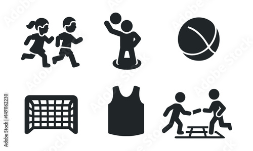 Solid style icons of youth and school sports: kids running, PE class icon, field day badge, gym ball, mini goal, school jersey, relay race, playground games.
